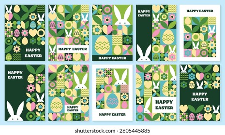 Set of geometric Easter greeting card. Abstract background with bunny, egg and flower. Vector illustration