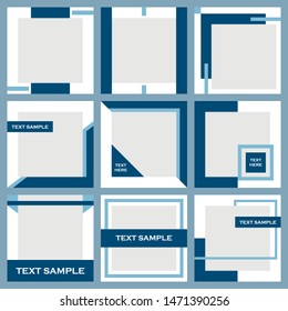 Set of geometric editable post frame templates for social media. Blue and white colours. Text samples and photo space. Vector.