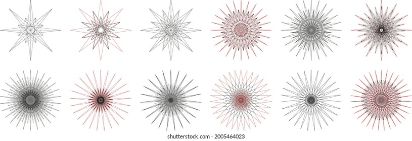 Set von geometrischen Elementen Design Vektorvorlagen in Sternen, Mandala, Sonnenbrand, Sonnenstrahlen, Balken der Lichtform Muster.