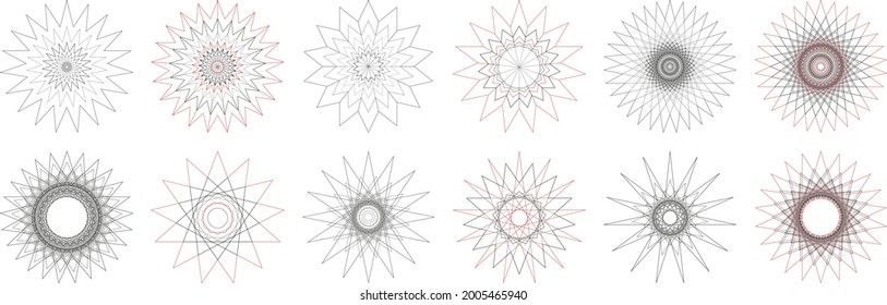 Set of geometric element design vector templates in stars, mandala, flare, sunburst, sun rays, beams of light shape patterns. Created using AI CS6.