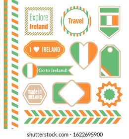 Set of geometric elements in the colors of the Irish flag on a white background. Tags, stickers and frames for scrapbooking.