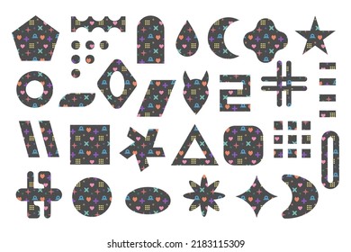 Satz geometrischer Elemente mit dekorativer Füllung. Vektorgrafik