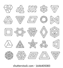 Set of geometric elements, impossible shapes, isolated on white, line design. Optical Illusion. Vector illustration.