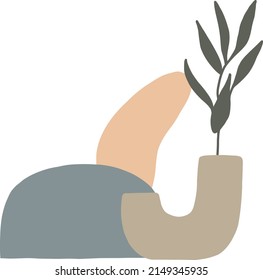Set of geometric elements, leaves and vases in minimalist style. Design elements for logo, postcard, invitation, poster, social media posts, stories, wall art print. Vector hand drawn  illustration.