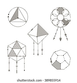 Set of Geometric Elements. Line Art Design Elements. Fashion Decorative Ornament. Tribal style.