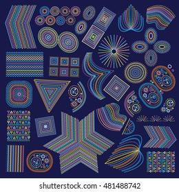Set geometric elements of a primitive ethnic art.
Lines, dots, stripes, circles, triangles, squares.