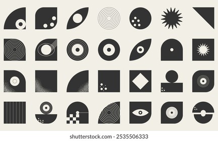 A set of geometric elements, shapes: circles, squares, spiral, stars. Vector illustration.