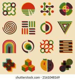 Set Of Geometric Elements In Trendy Risograph Texture Style. Vector Abstract Symbols.