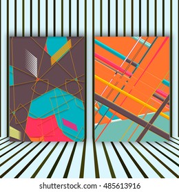 Set of geometric elements vector pattern with red, orange, blue, white and brown lines. Modern stylish texture for design, website, background, invitations, covers, placards, posters. A4 size