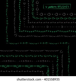 Set of geometric ethnic green and grey hand drawn pattern brushes on black, vector illustration