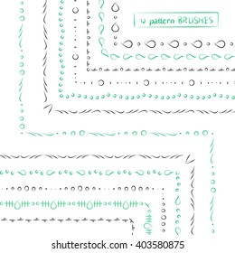 Set of geometric ethnic green and grey hand drawn pattern brushes on white, vector illustration