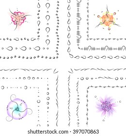Set of geometric ethnic hand drawn pattern brushes with flowers, vector illustration
