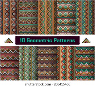 Set of geometric ethnic patterns. Colorful abstract seamless swatches