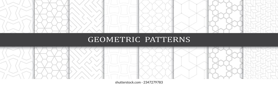 Satz geometrischer, grauer Modemuster. Abstrakter geometrischer Entwurf Muster Druck. Nahtlose geometrische graue Linien Modemuster.