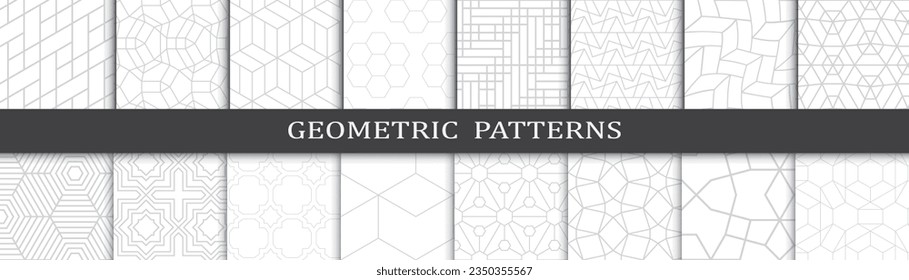 Satz geometrischer, grauer Modemuster. Abstrakter geometrischer Entwurf Muster Druck. Nahtlose geometrische graue Linien Modemuster.