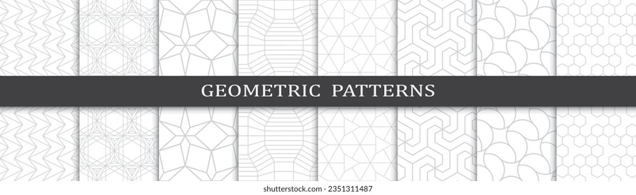 Satz geometrischer, grauer Modemuster. Abstrakter geometrischer Entwurf Muster Druck. Nahtlose geometrische graue Linien Modemuster.