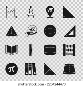 Set Geometric figure, Abacus, Triangular ruler, Square root of x glyph, Tetrahedron, Graph, schedule, chart, diagram and Sphere icon. Vector