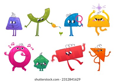 Set of geometric figure characters with different emotions. Flat vector illustration of rectangle, triangle, circle, trapeze, pentagon mascots with doodle elements singing, dancing, happy, sad