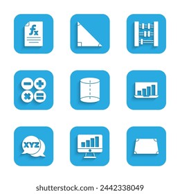 Set Geometric figure, Computer monitor with graph chart, Acute trapezoid shape, Laptop, XYZ Coordinate system, Calculator, Abacus and Function mathematical symbol icon. Vector