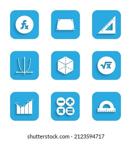 Set Geometric figure Cube, Calculator, Protractor, Square root of x glyph, Graph, schedule, chart, diagram, Triangular ruler and Function mathematical symbol icon. Vector