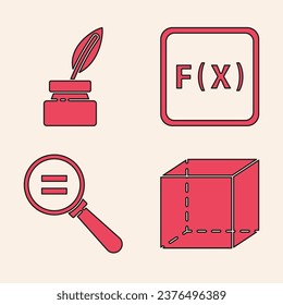 Set Geometric figure Cube, Feather and inkwell, Function mathematical symbol and Calculation icon. Vector