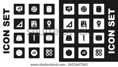 Set Geometric figure, Office folders, Triangular ruler, Square root of x glyph, XYZ Coordinate system, Cylinder and  icon. Vector