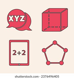 Establecer figura geométrica prisma pentagonal, Sistema de coordenadas XYZ, Cubo de figura geométrica y Tablet con icono de calculadora. Vector