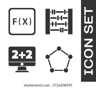 Conjunto de figura geométrica Prisma pentagonal, símbolo matemático de función, solución de ecuación e icono de ábaco. Vector