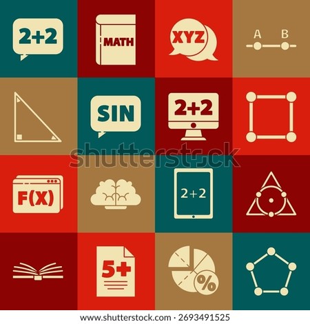 Set Geometric figure Pentagonal prism, Triangle math, Square, XYZ Coordinate system, Mathematics function sine, Equation solution and  icon. Vector
