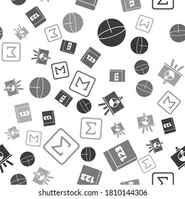 Die geometrische Bildfläche einstellen, Buch mit der Wortmathematik, Schalttafel mit Diagramm und Sigma-Symbol auf nahtlosem Muster. Vektorgrafik