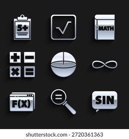 Set Geometric figure Sphere, Calculation, Mathematics function sine, Infinity, Function mathematical symbol, Calculator, Book with word mathematics and Test exam sheet icon. Vector