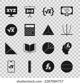 Set Geometric figure Sphere, Function mathematical symbol, Graph, schedule, chart, diagram, Square root of x glyph, Calculator, XYZ Coordinate system and Tetrahedron icon. Vector