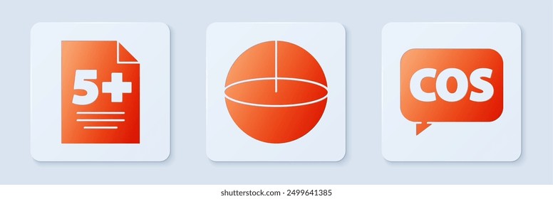 Set Geometric figure Sphere, Test or exam sheet and Mathematics function cosine. White square button. Vector