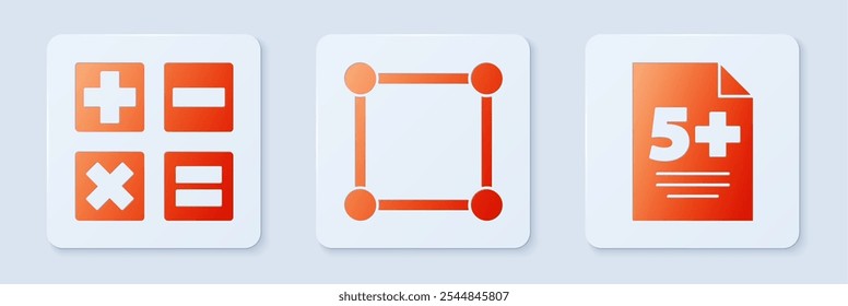 Definir a figura geométrica Quadrado, Calculadora e Teste ou folha de exame. Botão quadrado branco. Vetor
