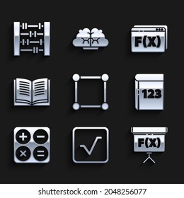 Set Geometric figure Square, root, Chalkboard, Book with word mathematics, Calculator, Open book, Function mathematical symbol and Abacus icon. Vector