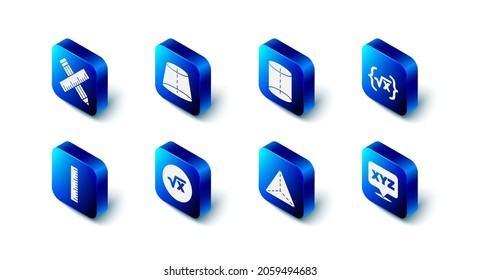 Set Geometric figure, Square root of x glyph, XYZ Coordinate system, Tetrahedron, Ruler and Crossed ruler and pencil icon. Vector
