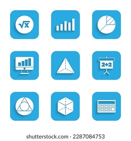 Set Geometric figure Tetrahedron, Cube, Calculator, Chalkboard, Triangle math, Computer monitor with graph chart, Pie infographic and Square root of x glyph icon. Vector