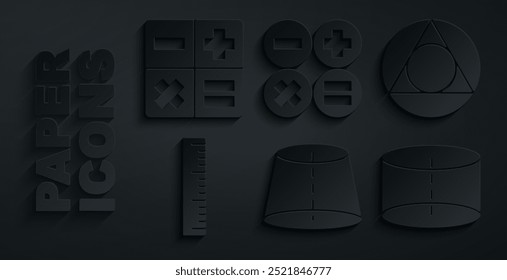 Set Geometric figure, Triangle math, Ruler, Cylinder, Calculator and  icon. Vector