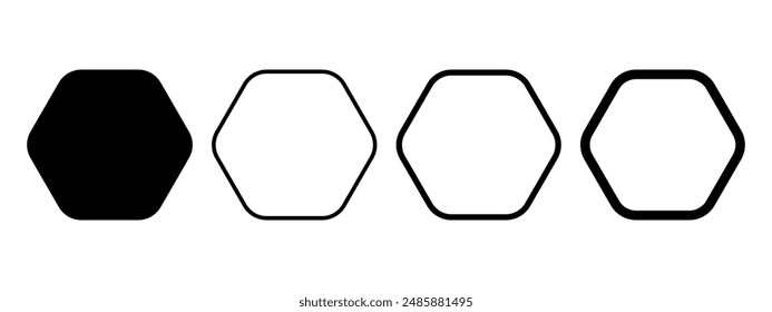 Set of geometric figures with 6 rounded corners. Hexagon or honeycomb shapes and frames isolated on white background. Vector graphic illustration.