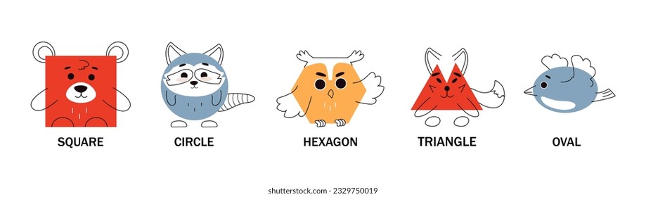 Set of geometric figures animals line. Colorful square, round, hexagon and oval, triangle. Bird, bear, owl, raccoon and mouse. Linear flat vector collection isolated on white background
