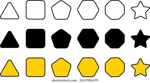 Set of geometric figures in different styles. Triangle, square or squircle, pentagon, hexagon, Star, Oxagon. Vector illustration