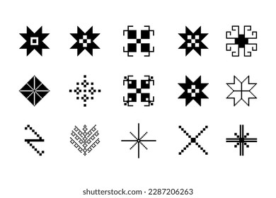 Set of geometric figures of ethnic embroidery. Tribal design. Ukrainian pattern. Ethnic ornament. Cross-stitch. Vector.