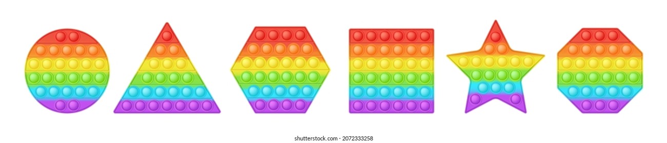 Set of geometric figures popit as a fashionable silicon toys for fidgets. Various shapes for education poster in bright colors. Bubble sensory developing pop it toy for kids. Vector illustration