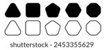 Set of geometric figures with rounded corners. Triangle, square or squircle, pentagon, hexagon and octagon shapes isolated on white background. Vector graphic illustration.