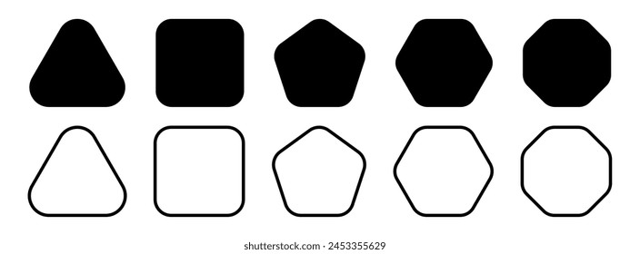 Set of geometric figures with rounded corners. Triangle, square or squircle, pentagon, hexagon and octagon shapes isolated on white background. Vector graphic illustration.