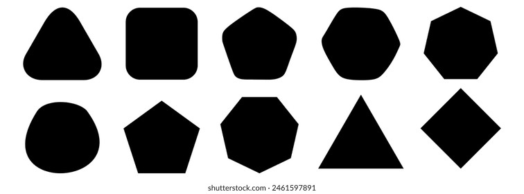 Set of geometric figures with rounded corners. Triangle, square or squircle, pentagon, hexagon and octagon shapes isolated on white background. Vector graphic illustration.
