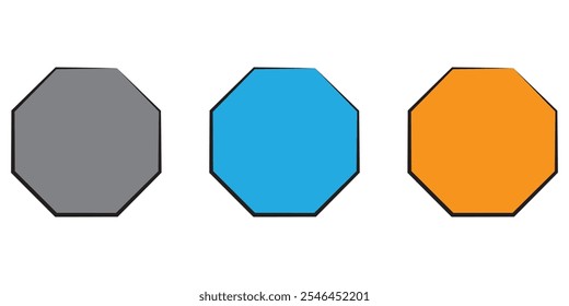 Conjunto de figuras geométricas com cantos arredondados. Formas de triângulo, quadrado ou esquilo, pentágono, hexágono e octógono, isoladas sobre fundo branco. Ilustração gráfica vetorial.