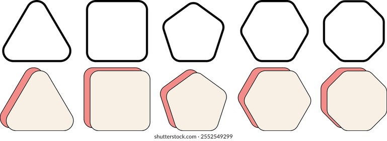 Conjunto de figuras geométricas com cantos arredondados. Traço editável. Formas triangulares, quadradas ou de esquilos, pentágonos ou hexágonos. Ilustração vetorial