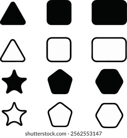 Set of geometric figures with rounded corners. Triangle, square or squircle, pentagon, hexagon and octagon shapes isolated on white background. Vector graphic illustration.