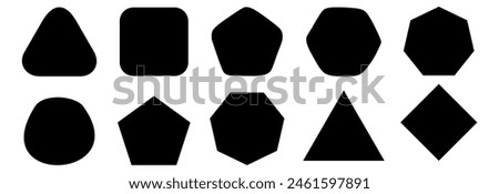 Set of geometric figures with rounded corners. Triangle, square or squircle, pentagon, hexagon and octagon shapes isolated on white background. Vector graphic illustration.
